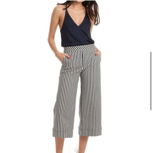 Trina Turk Monument Blue And White Striped Cropped Wide Leg Pants Size 0 - Picture 1 of 7